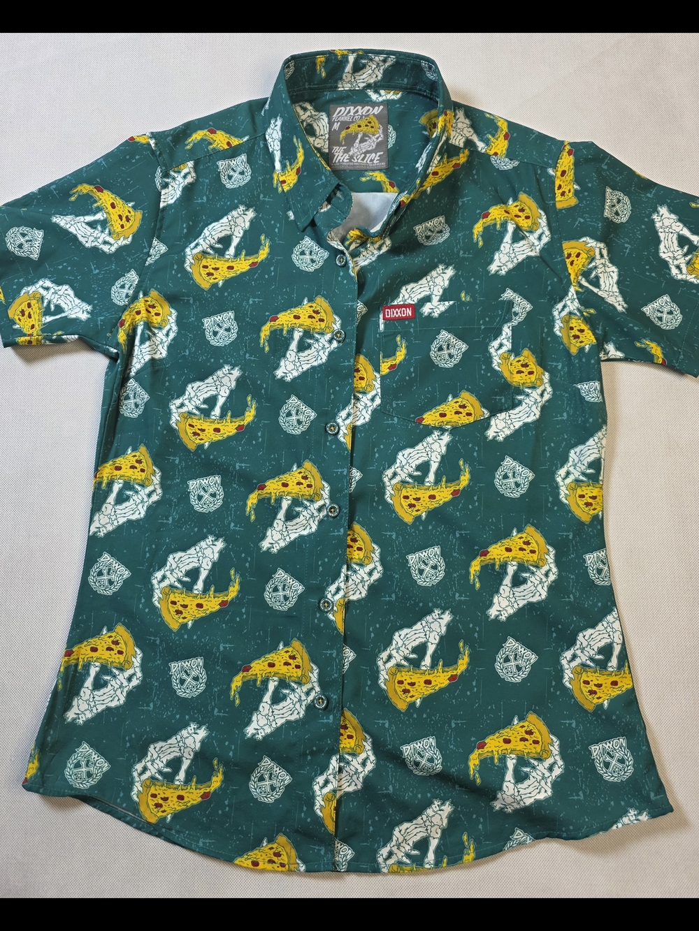 DIXXON Teal Short-Sleeve Button-Down Shirt with Yellow Pizza Print